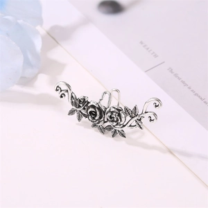 Vintage silver rose ear cuff with floral carvings and intricate leaf details
