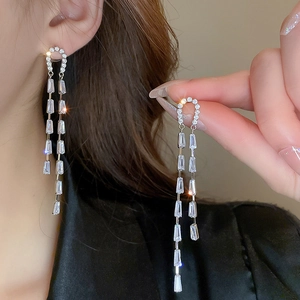 Elegant silver tassel drop earrings featuring sparkling square cubic zirconia crystals