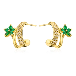 18K gold plated flower earrings with green stones and sparkling zircon accents