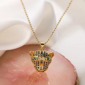 18K gold plated necklace featuring a leopard head pendant with colorful cubic zirconia