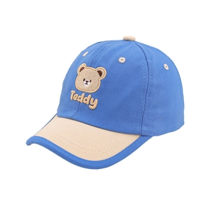 Blue kids baseball cap with beige brim and teddy bear embroidery for toddlers