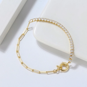 Elegant s925 silver tennis bracelet with gold paperclip chain and white cubic zirconia