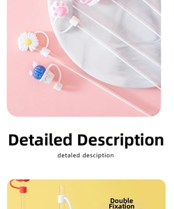 Close-up of silicone straw covers with cartoon designs and double fixation detail