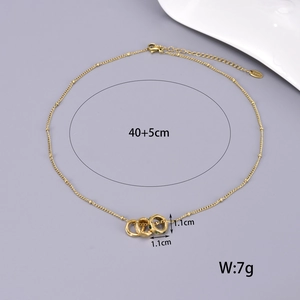 Gold stainless steel beaded necklace with triple interlocking rings and green zircon
