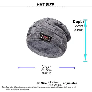Grey knit winter hat with warm fleece lining and detailed size chart measurements