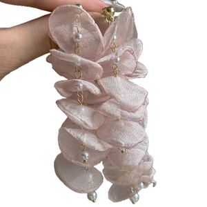 Elegant pink chiffon floral tassel earrings with pearls and gold finish for women