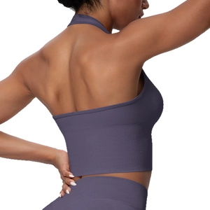 Ensemble legging et brassière de sport dos nu gris-violet foncé en maille côtelée