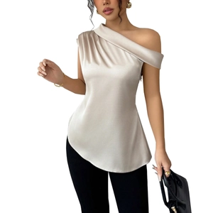 Elegant satin one-shoulder sleeveless top in champagne with pleated neckline and curved hem