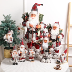Standing Santa Claus Figurine Red Gray Plaid Fabric Faux Fur With Wood Skis Gift Bag Christmas Desktop Decoration Ornament
