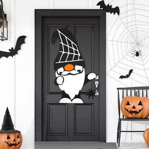Halloween gnome door hanger decoration with spiderweb hat and orange nose for home decor
