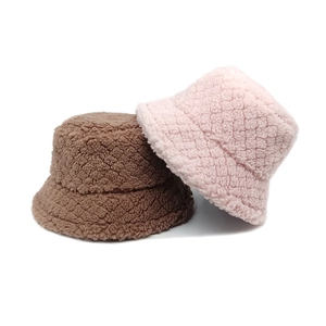 Women Winter Bucket Hat Teddy Fleece Thick Warm Quilted Diamond Pattern Lambswool Texture Solid Color Outdoor