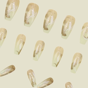 Short ballet nails with brown gold glitter gradient and marble patterns, 24 pieces