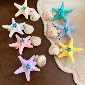 Starfish Shell Hair Clips Ocean Theme Resin Rhinestone Imitation Artificial Pearl Duckbill Pins Seaside Vacation Style Women Girls