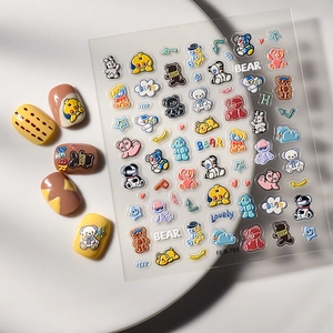Cute 5D embossed bear nail art stickers with 3D colorful cartoon designs and heart stars