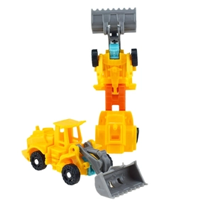 Macro view of yellow construction toy set with robot and bulldozer forms and joints