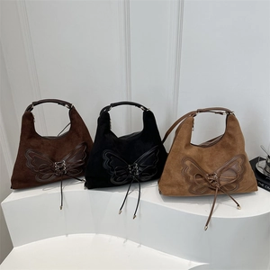 Sac À Épaule En Daim À Grand Patch Papillon Lacet Hobo Tote Sac À Main Vintage Style Rétro
