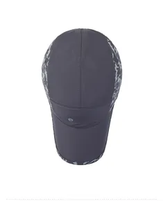 Top view of dark grey quick-dry baseball cap with camo pattern edges and sdsrui logo