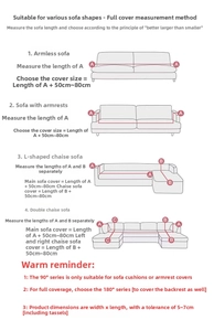 Size guide for waffle weave sofa cover showing measurement steps for different couch types