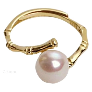 Gold bamboo-style S925 silver open ring with a 7.5mm white pearl on a clean background