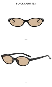 Front and side details of small oval vintage sunglasses in black with light tea lenses
