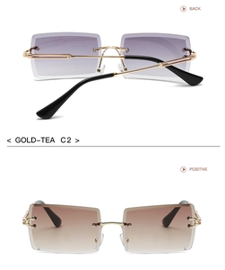 Detail view of gold-tea rimless sunglasses with gradient lenses in front and back views