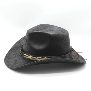 Chapeau de cowboy western vintage noir en similicuir avec large bord et bande en cuir