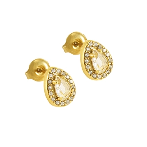 Elegant gold drop earrings with zircon crystals and micro-pave detailing on white background