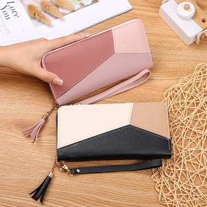 Women Colorblock Patchwork Long Wallet PU Leather Zipper Clutch Handbag With Wrist Strap Tassel Large Capacity Organiser
