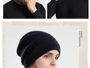 Detailed close-up of navy knit beanie and brown neck warmer for winter outdoor warmth