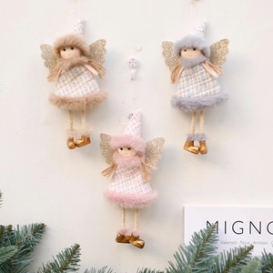 Christmas Angel Doll Hanging Ornament Tweed Fabric Plush Faux Fur Gold Sequin Wings Festive Tree Decoration Home Gift