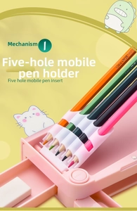 Detail of pink stationery box featuring five-hole adjustable pencil slots and cartoon art