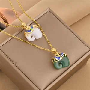 Retro Elephant Pendant Necklace Stainless Steel With Enamel And Imitation Jade Oriental Style Jewelry For Women