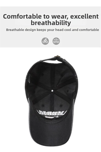 Detail showing internal six-panel structure and breathable cotton mesh of black baseball cap