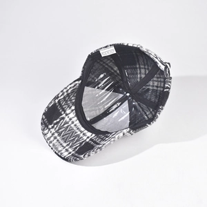 Thick black and white plaid baseball hat for men and women featuring 100% polyester fabric