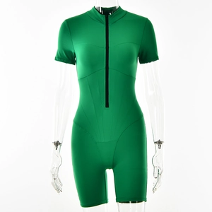 Detail view of green short sleeve ribbed bodysuit with front zipper closure and stand collar