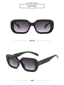Front and side views of black square sunglasses with silver rivets and gradient lenses