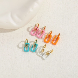 Colorful dopamine geometric rectangle earrings with gold crystal hoops in four vibrant colors