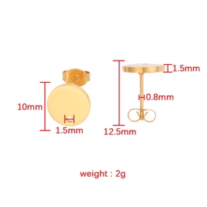Minimalist golden stainless steel flat round stud earrings with size and weight dimensions