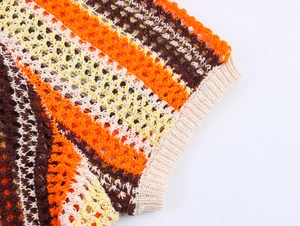 Gros plan détaillé sur la texture tricotée multicolore ajourée de cet ensemble polo
