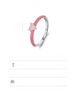 Detail view of pink enamel heart ring with S925 sterling silver stamp and dimensions