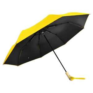 Three-fold duck head umbrella with yellow exterior, black coating, and wooden L-shaped handle