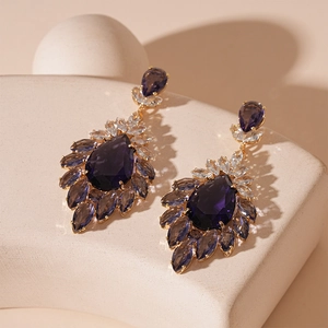 Vintage Flower Water Drop Dangle Earrings With Purple Cubic Zirconia Copper Jewelry For Women Silver Earring Post