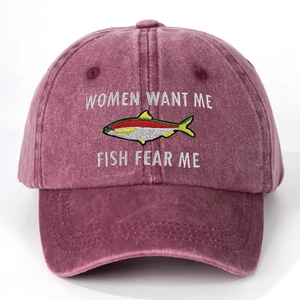 Vintage washed burgundy baseball cap with fish embroidery and funny quote for outdoors