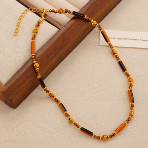 Vintage tiger eye beaded necklace set with golden beads and a lobster clasp for women