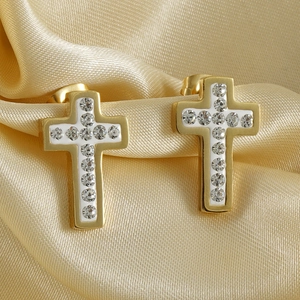 Elegant 18K gold plated cross stud earrings with sparkling white crystals on silk