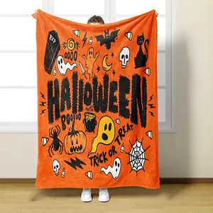 Halloween flannel blanket featuring orange pumpkin ghost digital print for sofa decor