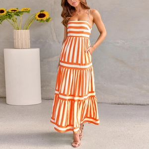 Detail of a tiered maxi dress with orange and white stripes and spaghetti straps