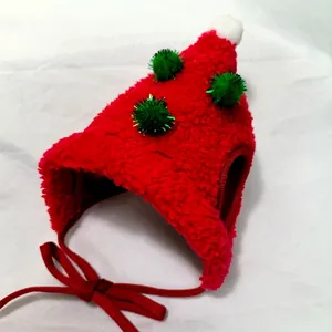 Red plush Christmas tree pet hat for cats and dogs with green pom-poms and white ball