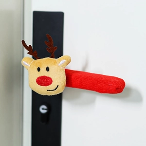 Close-up of Christmas door handle cover featuring a plush reindeer on red knitted fabric