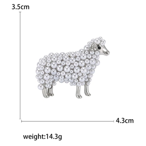 Spilla vintage a forma di pecora con perle argentate, dimensioni 3,5 cm x 4,3 cm